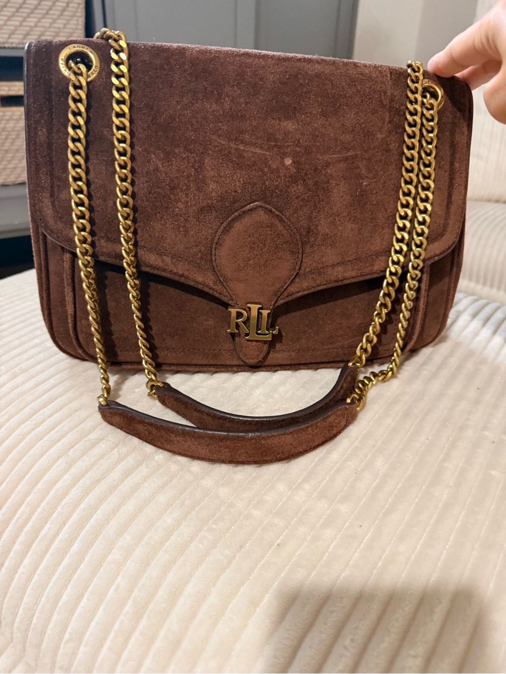 Ralph Lauren Brown Suede shoulder Bag with Gold Chain, like new